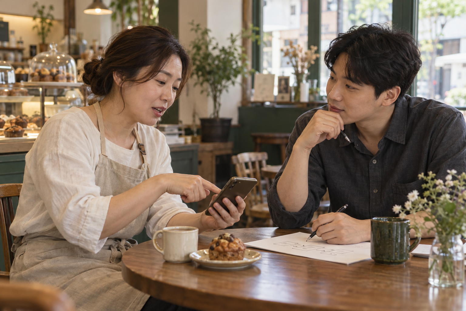가게 사장님의 업무 이야기를 듣는 상담 상황의 AI 연출 사진