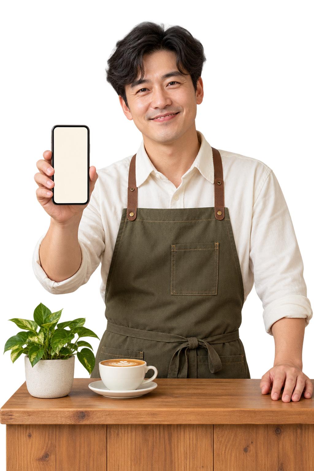 새 홈페이지를 보여주는 가상 카페 사장님의 연출 이미지